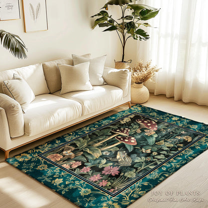 Fairytale Forest Mushroom Frog Area Rug | Trendy Aesthetic Cottagecore Botanical Accent Rug for Emerald Green Funky Woodland Book Nook |