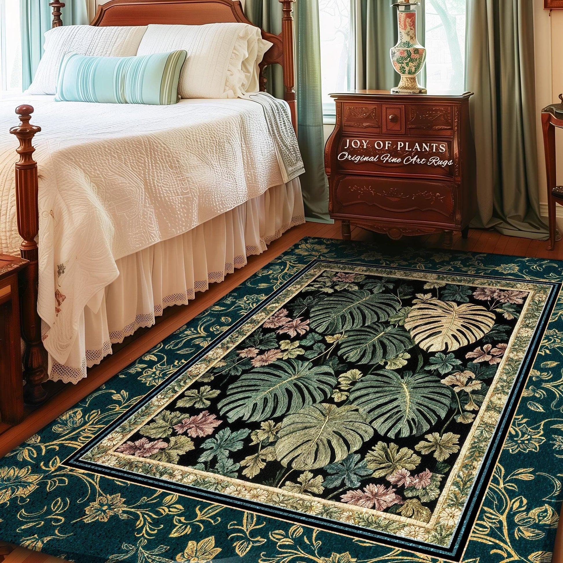 Earthy Botanical Boho Area Rug | Woodland Enchantment Tropical Statement Rug Maximalist Elegance Woodland Moody Classic Jungle Vibe Bedroom