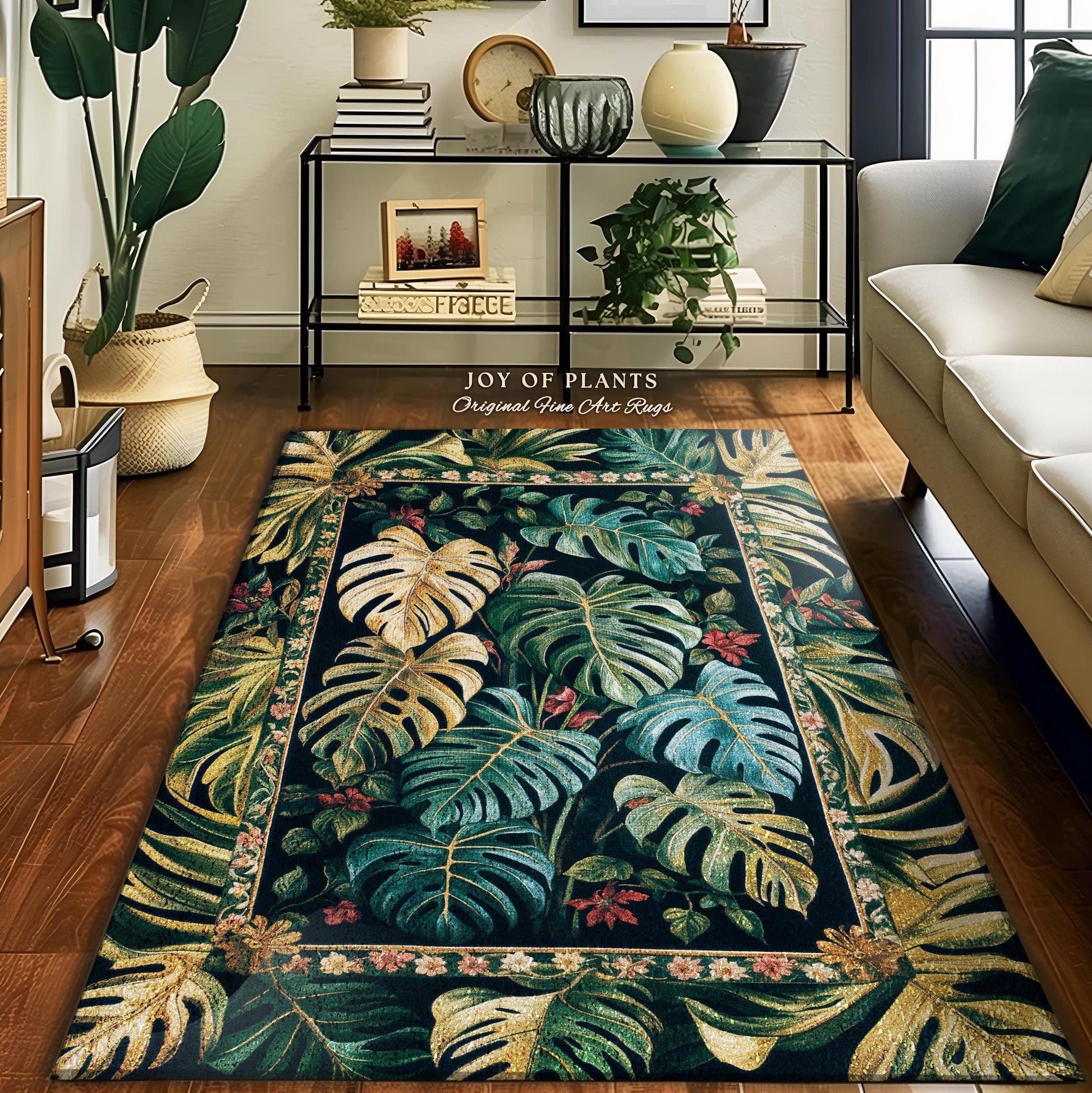 Jungle Inspired Monstera Rug | Maximalist Jungle Bedroom Vintage Tropical Houseplant Lover Accent Rug Woodland Statement Rug Plant Themed |