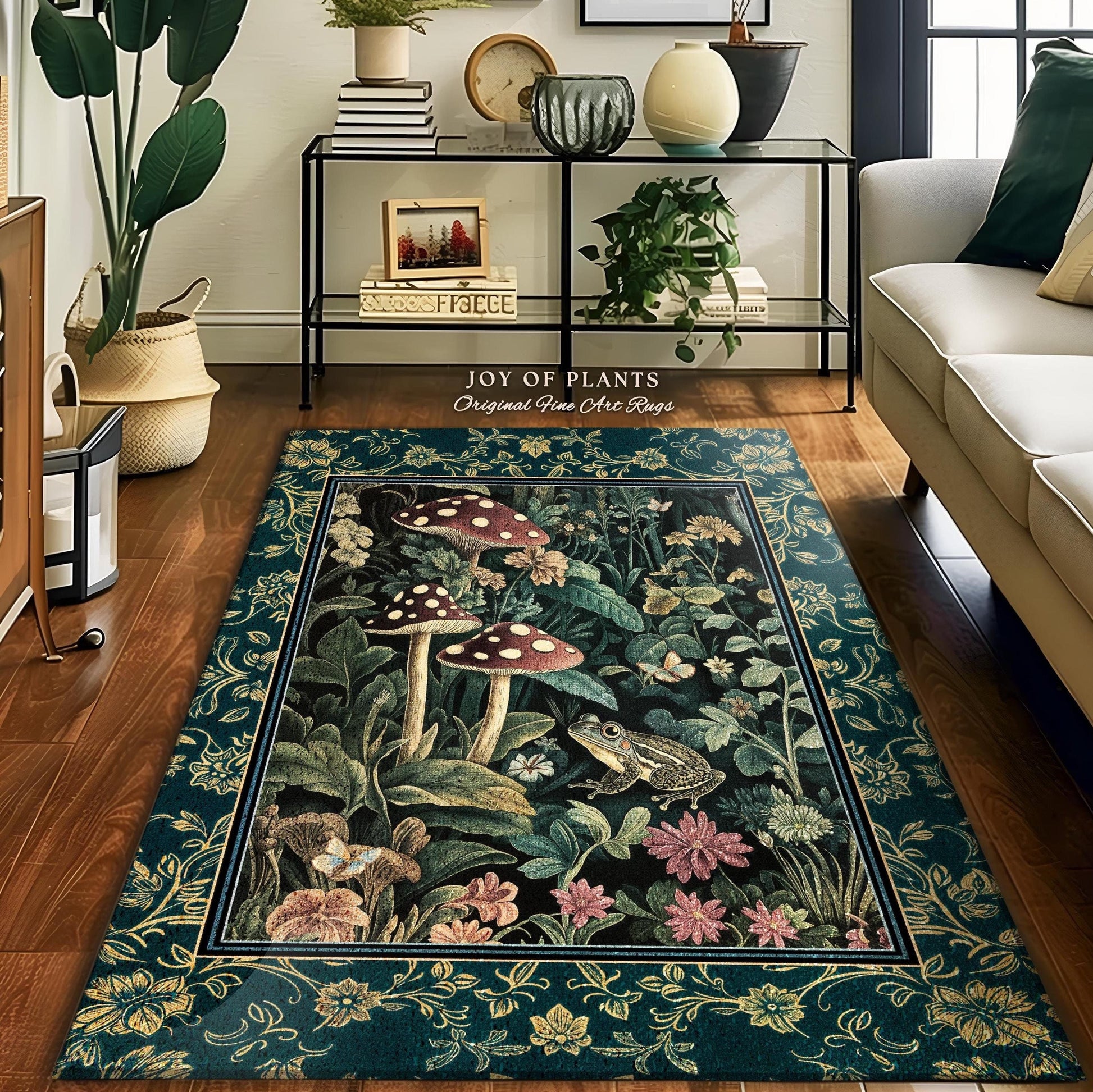 Fairytale Forest Mushroom Frog Area Rug | Trendy Aesthetic Cottagecore Botanical Accent Rug for Emerald Green Funky Woodland Book Nook |
