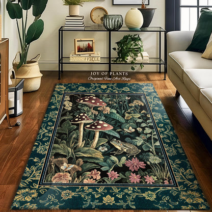 Fairytale Forest Mushroom Frog Area Rug | Trendy Aesthetic Cottagecore Botanical Accent Rug for Emerald Green Funky Woodland Book Nook |