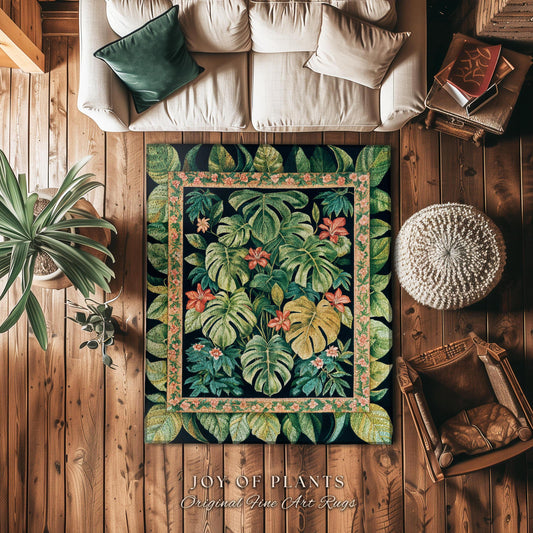 Pastel Greenery Monstera Area Rug | Floral Cottagecore Greenhouse Eclectic Botanical Maximalist Houseplant Lover Statement Rug Whimsical |