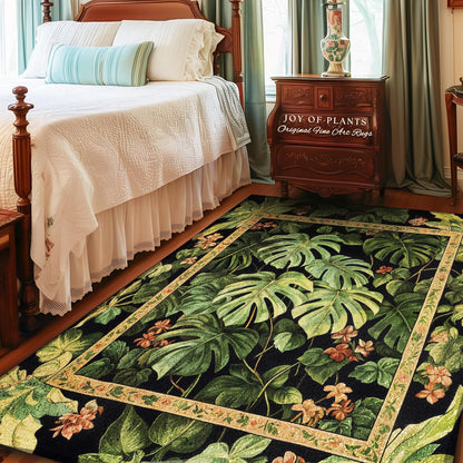 Plant Lover Botanical Area Rug | Exotic Foliage Tropical Cottagecore Jungle Theme Statement Rug Elegant Botanical Monstera Houseplant Decor