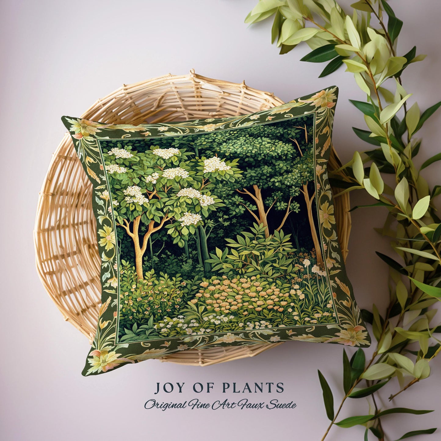 Emerald Green Medieval Tree Tapestry Pillow | Magical Woodland Cottagecore Aesthetic Nature Lover Book Nook Olive Green Decor Bohemian Cute