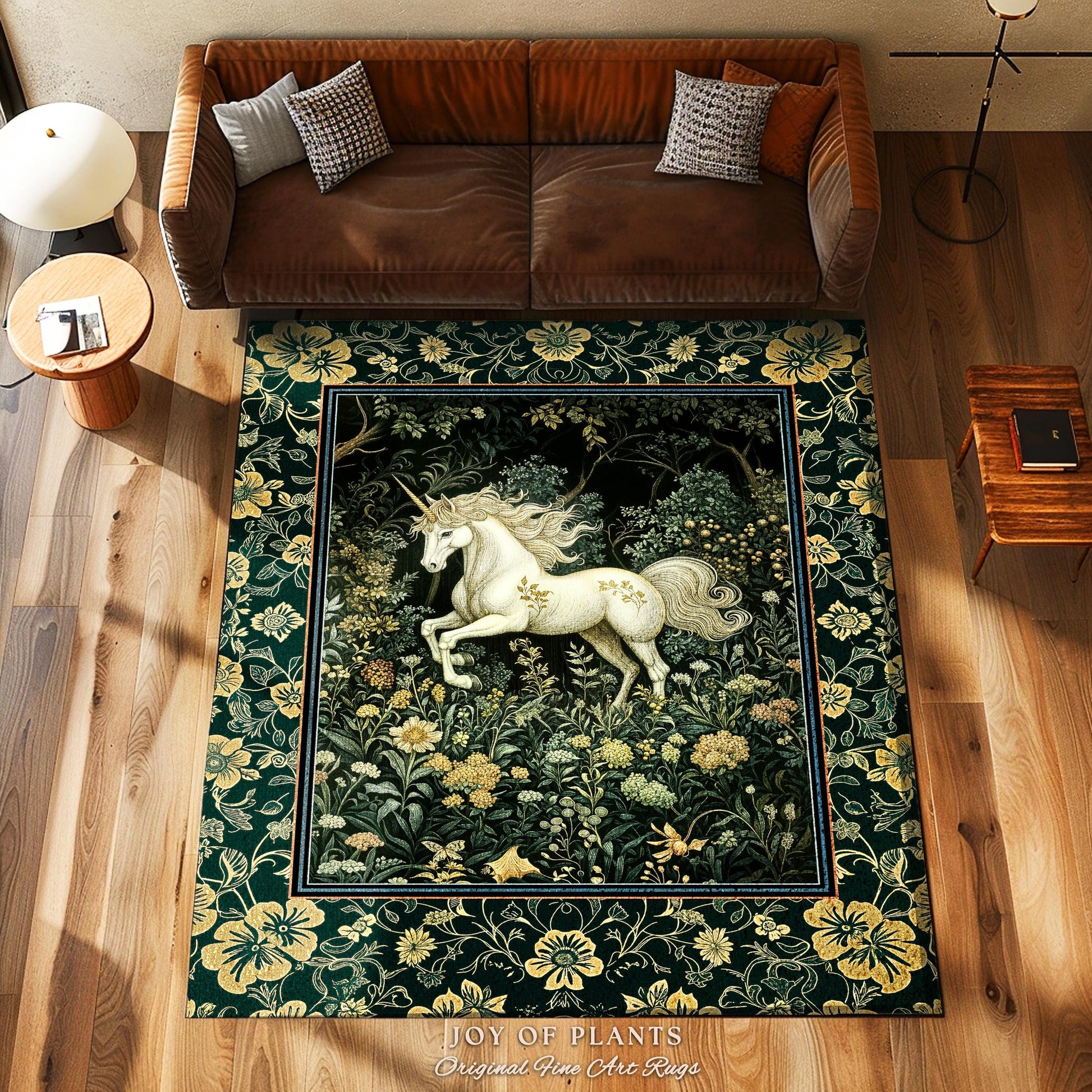 Earthy Ethereal Unicorn Bedroom Rug | Whimsical Nature Fairytale Magic Medieval Accent Rug Woodland Aesthetic Storybook Nostalgic Decor |