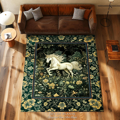Earthy Ethereal Unicorn Bedroom Rug | Whimsical Nature Fairytale Magic Medieval Accent Rug Woodland Aesthetic Storybook Nostalgic Decor |