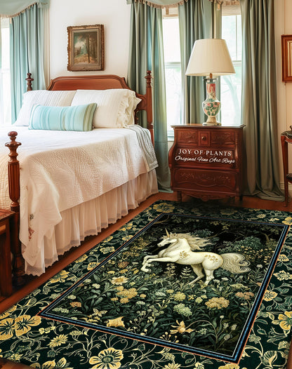 Earthy Ethereal Unicorn Bedroom Rug | Whimsical Nature Fairytale Magic Medieval Accent Rug Woodland Aesthetic Storybook Nostalgic Decor |