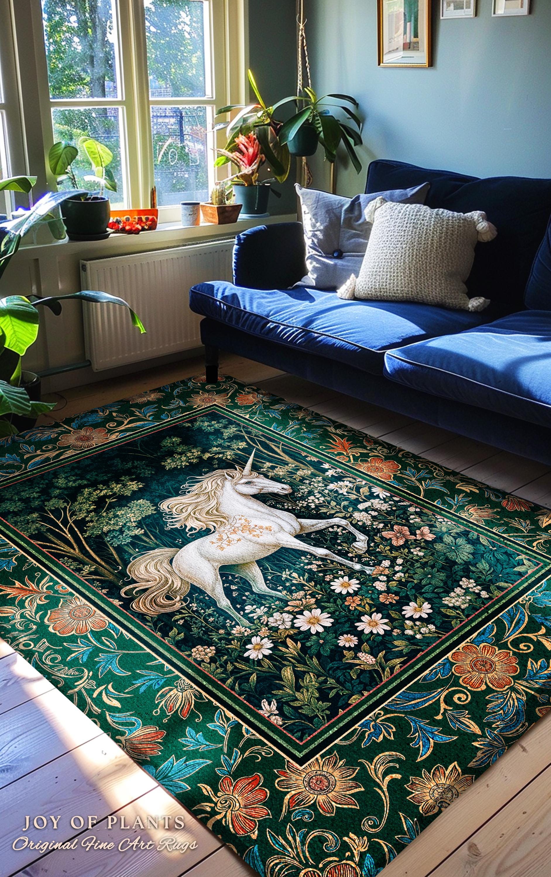 Storybook Aesthetic Mystic Unicorn Rug | Colorful Maximalist Area Rug Whimsical Victorian Fairycore Ethereal Bedroom Rug Medieval Woodland |
