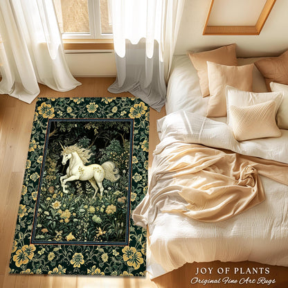 Earthy Ethereal Unicorn Bedroom Rug | Whimsical Nature Fairytale Magic Medieval Accent Rug Woodland Aesthetic Storybook Nostalgic Decor |
