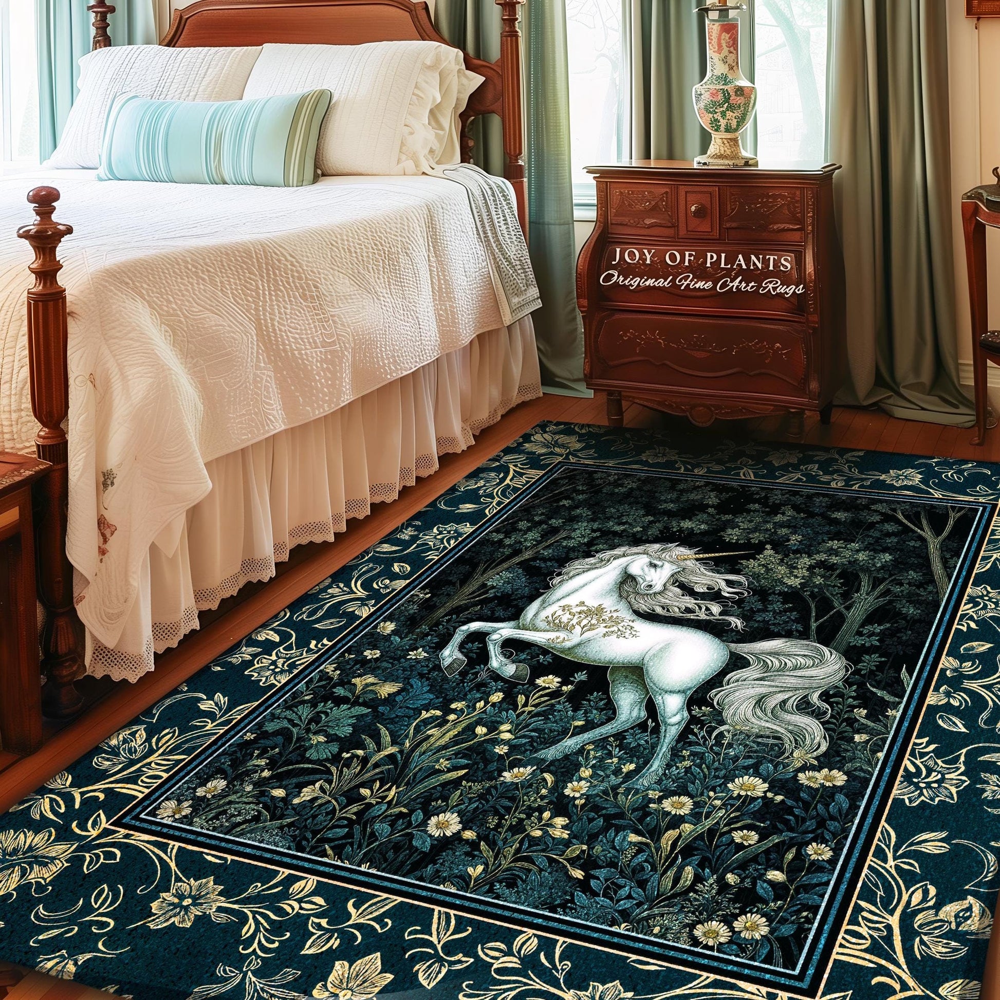 Enchanted Meadow Unicorn Area Rug | Victorian Fairycore Whimsical Ethereal Bedroom Rug Medieval Woodland Fairytale Magical Rustic Medieval |