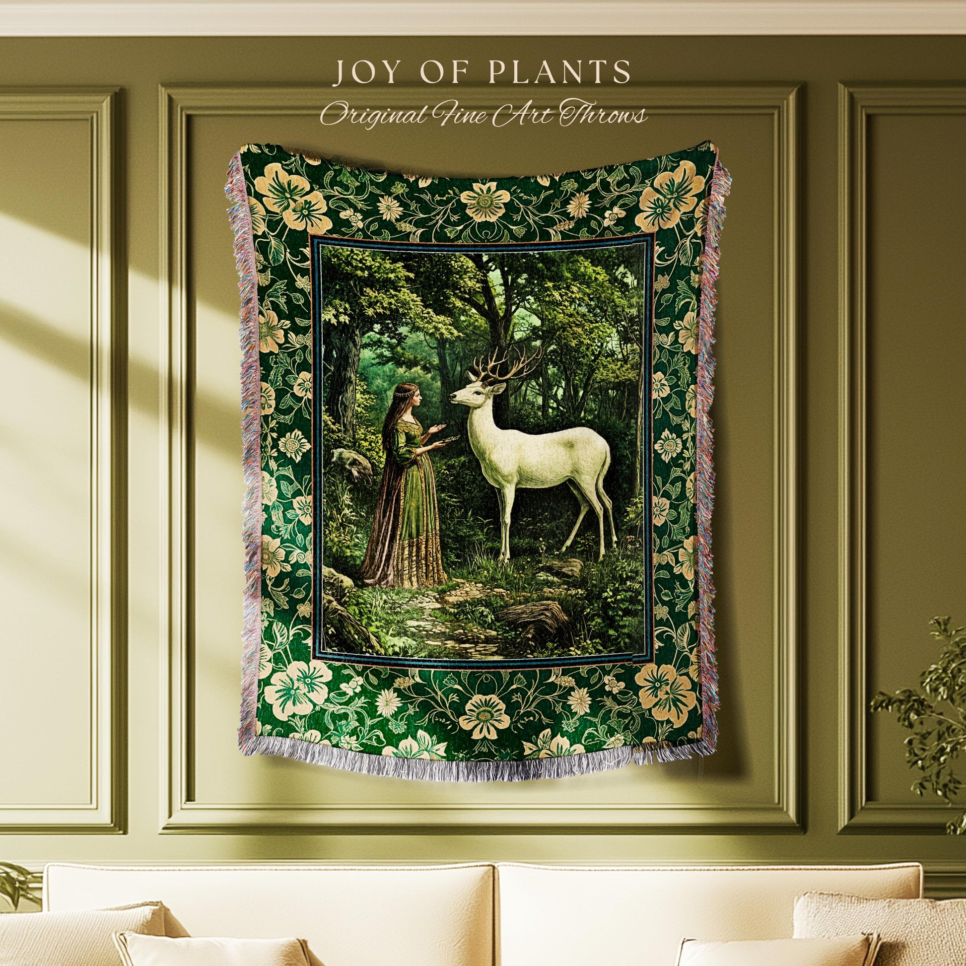 Lush Woodland Folklore Tapestry Woven | Forest Nymph Castlecore Botanical Throw Blanket Forest Spirits Deep Emerald Green Bedroom Accent |