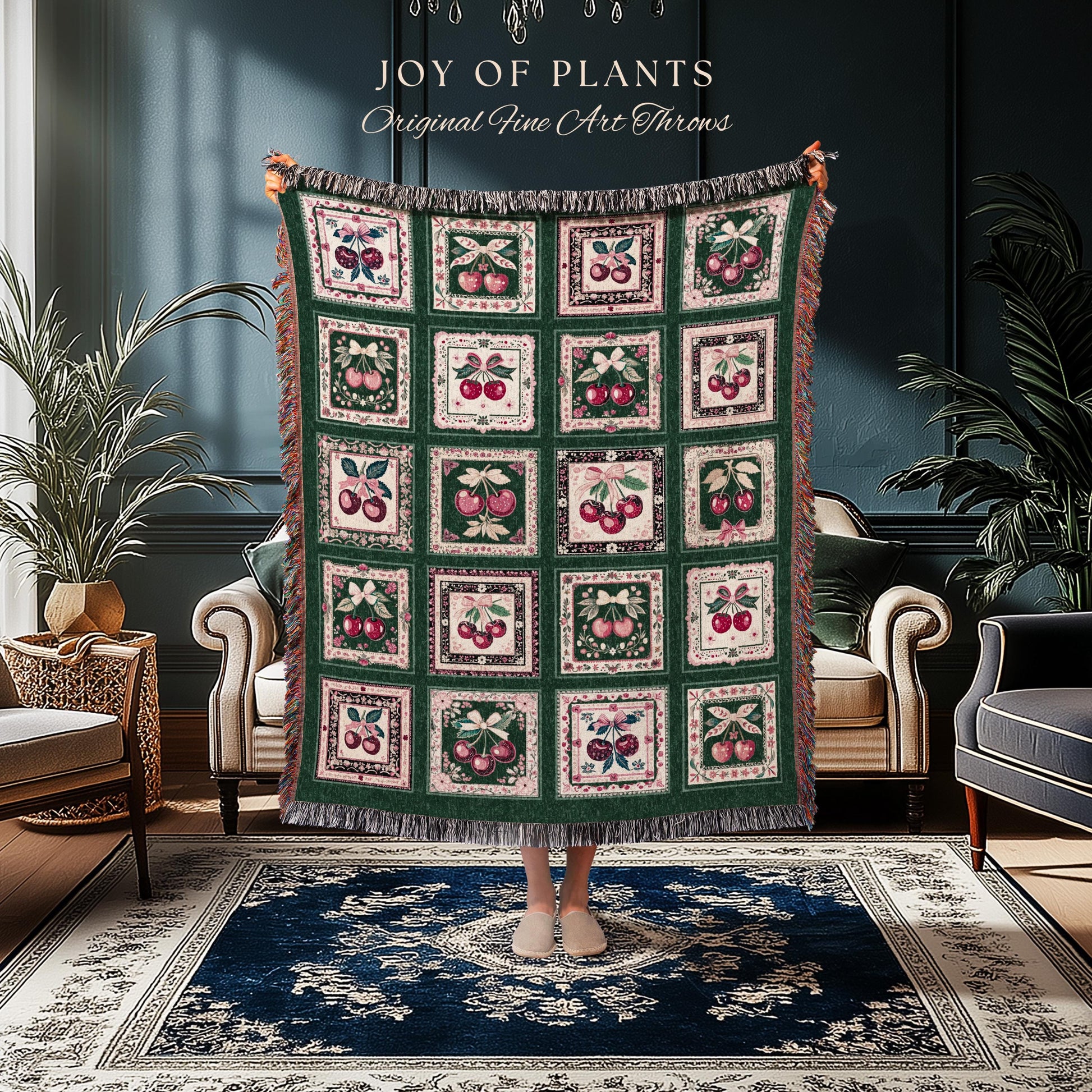 Retro Cherry Blanket Woven Throw | Girly Aesthetics Cottagecore Farmhouse Wall Tapestry Coquette Sweetheart Maximalist Decoration Vintage |
