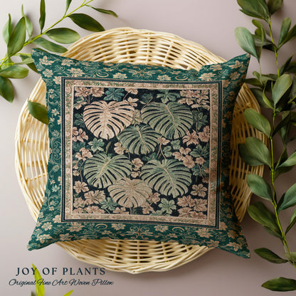 Enchanted Grove Botanical Woven Pillow | Forestcore Home Decor Cottagecore Maximalist Pillow Whimsical Monstera Vibes Trendy Bedroom Artwork
