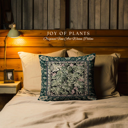 Verdant Flora Jungle Leaves Pillow | Maximalist Forestcore Tapestry Cushion Woven Whimsical Plant Themed Cottagecore Inspired Home Decor |