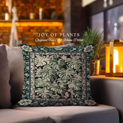 Verdant Flora Jungle Leaves Pillow | Maximalist Forestcore Tapestry Cushion Woven Whimsical Plant Themed Cottagecore Inspired Home Decor |