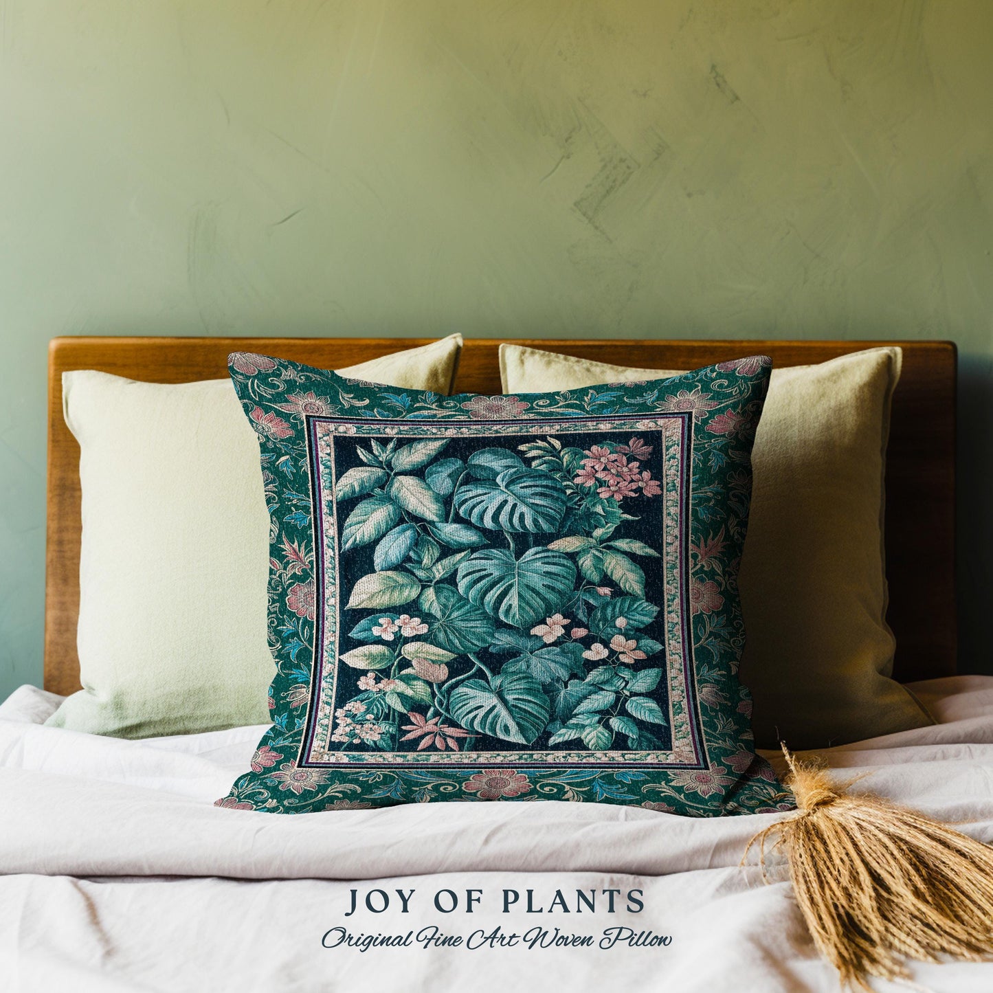 Elegant Botanicals Dark Forestcore Pillow | Woodland Fairycore Tapestry Pillow Woven Cushion Dark Cottagecore Vintage Moody Bedroom Teal |