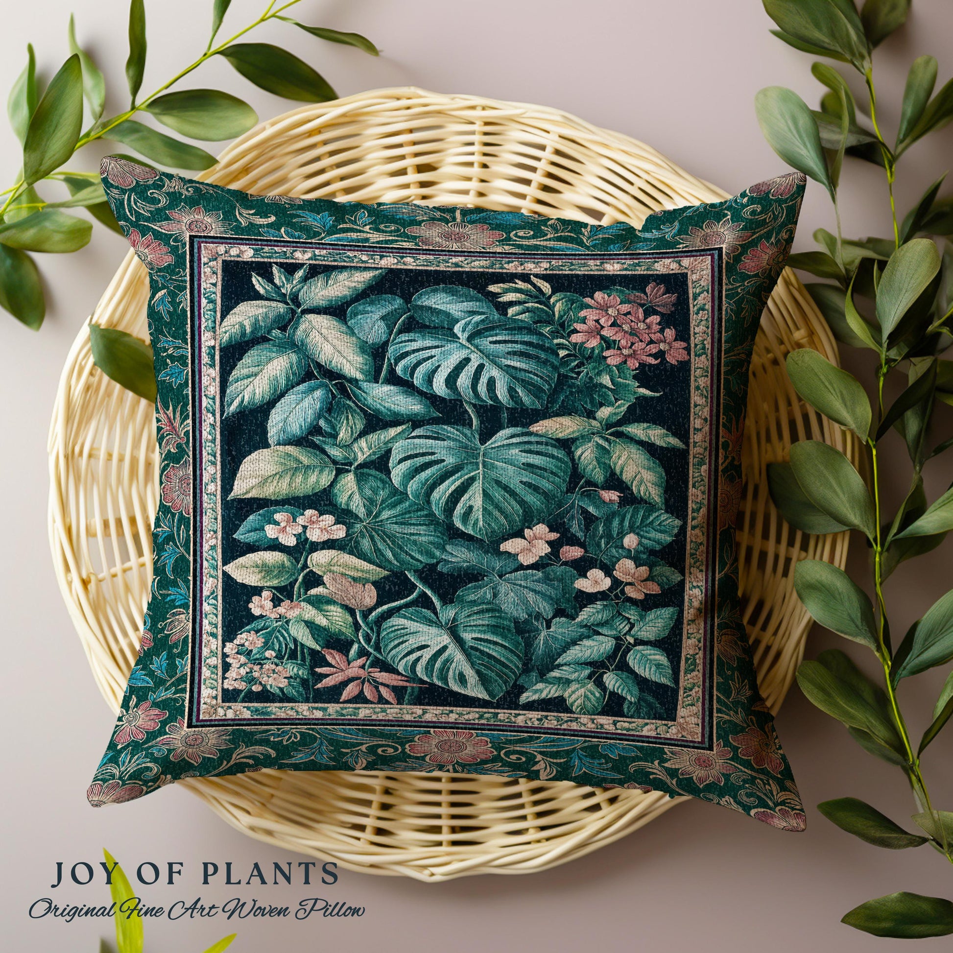 Elegant Botanicals Dark Forestcore Pillow | Woodland Fairycore Tapestry Pillow Woven Cushion Dark Cottagecore Vintage Moody Bedroom Teal |