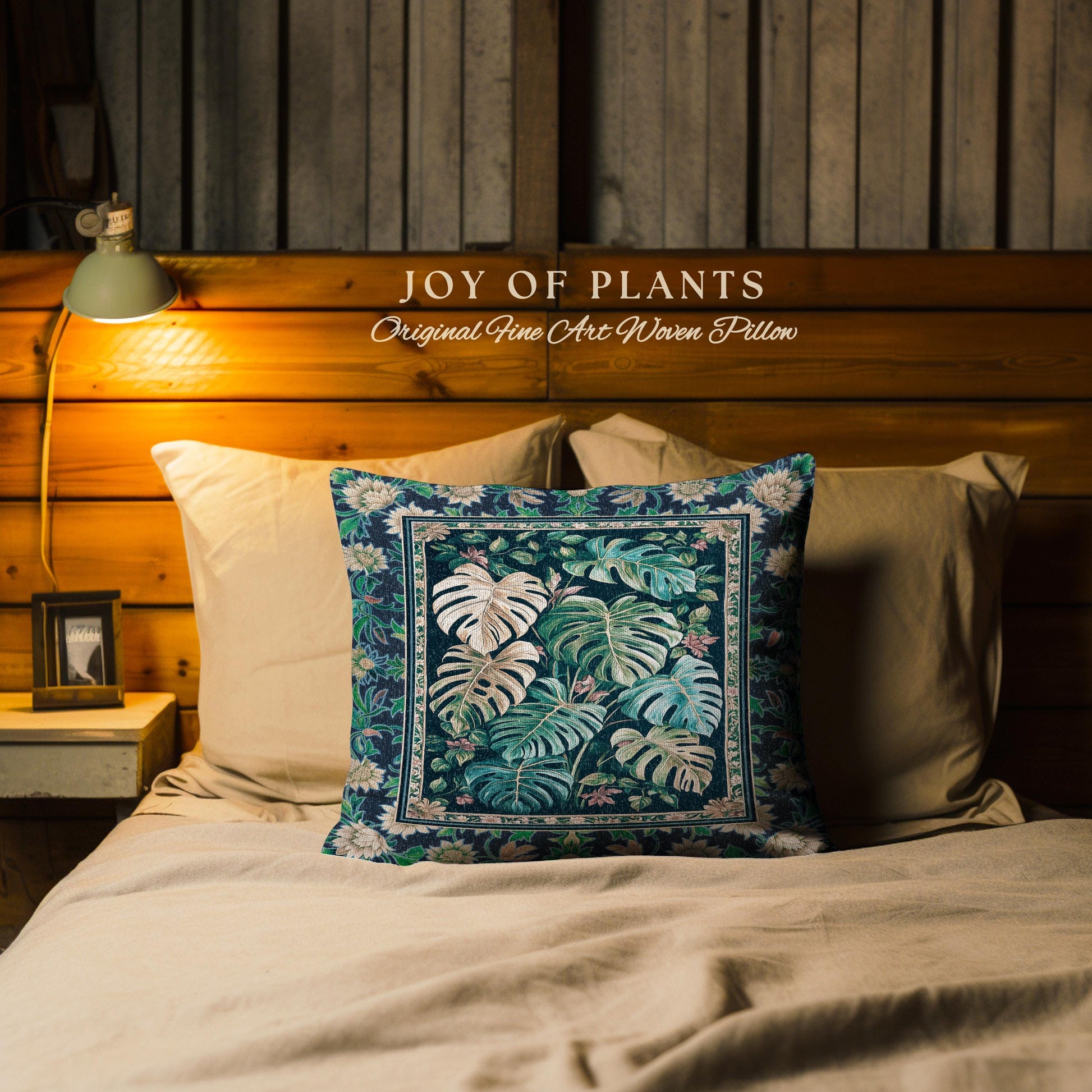 Elegant Jungle Leaves Pillow Woven | Dreamy Cottagecore Maximalist Tapestry Cushion for Houseplant Lover Cute Forestcore Monstera Jungle