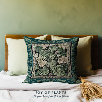 Monstera Tapestry Pillow Unique | Herbology Cushion Dark Cottagecore Tropical Aesthetic Dark Floral Houseplant Botanical Woven Throw Pillow