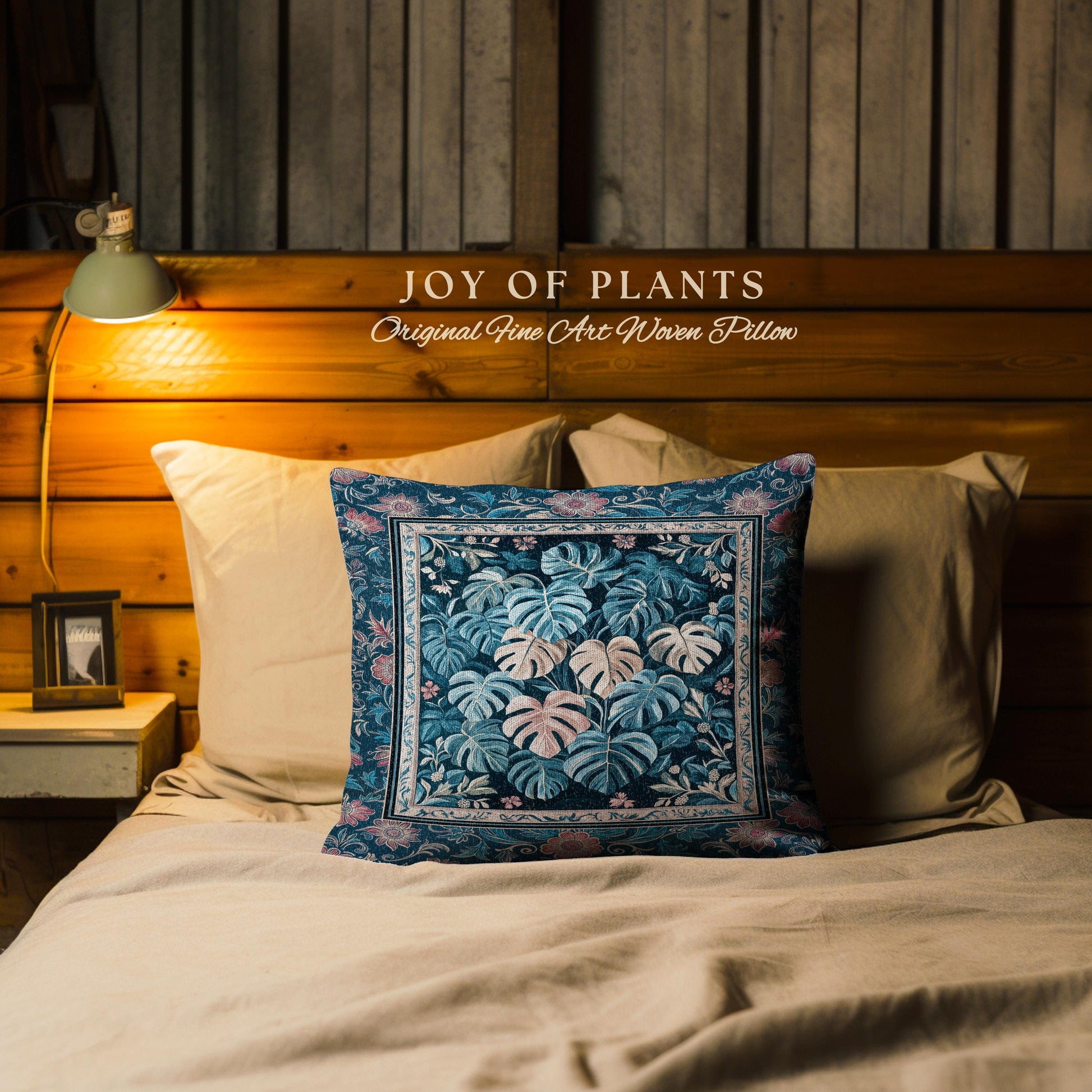 Serene Monstera Forest Throw Pillow | Enchanted Tropigoth Bedroom Woven Tapestry Cushion Whimsical Cottagecore Houseplant Lover Aesthetic |