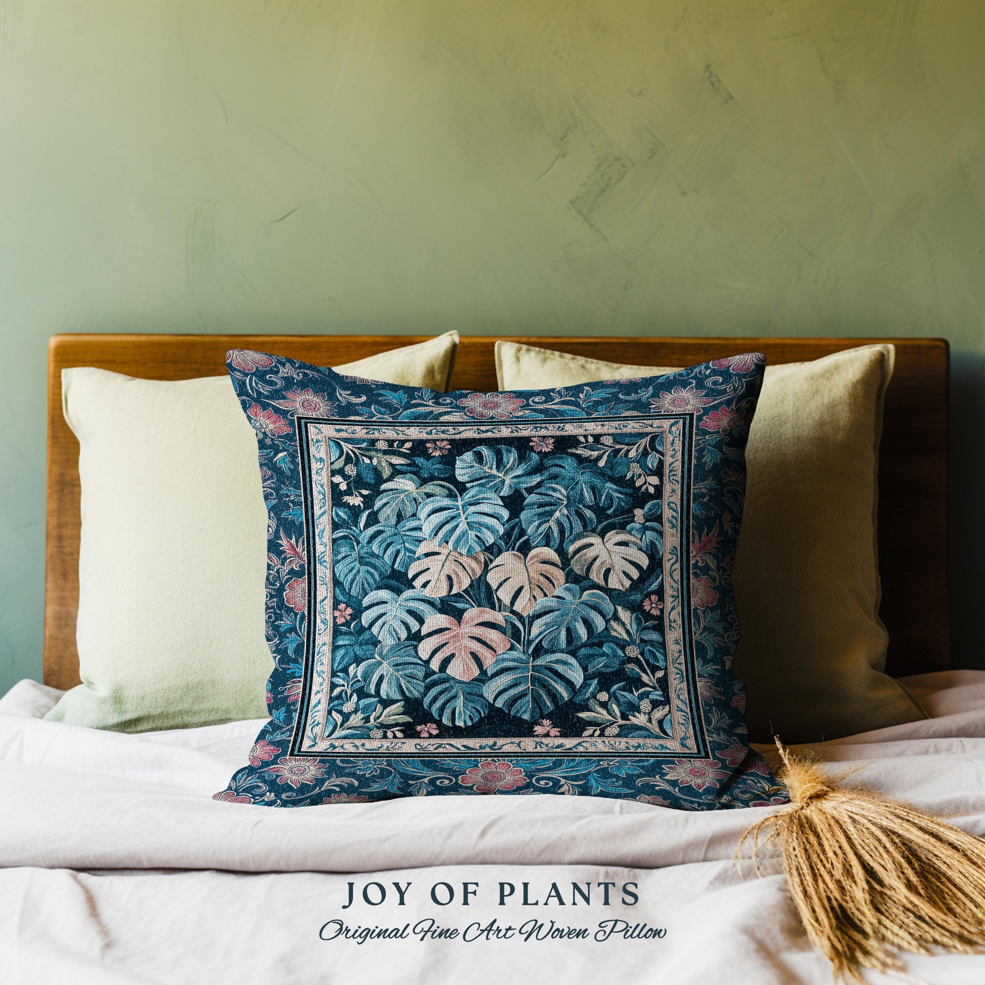 Serene Monstera Forest Throw Pillow | Enchanted Tropigoth Bedroom Woven Tapestry Cushion Whimsical Cottagecore Houseplant Lover Aesthetic |