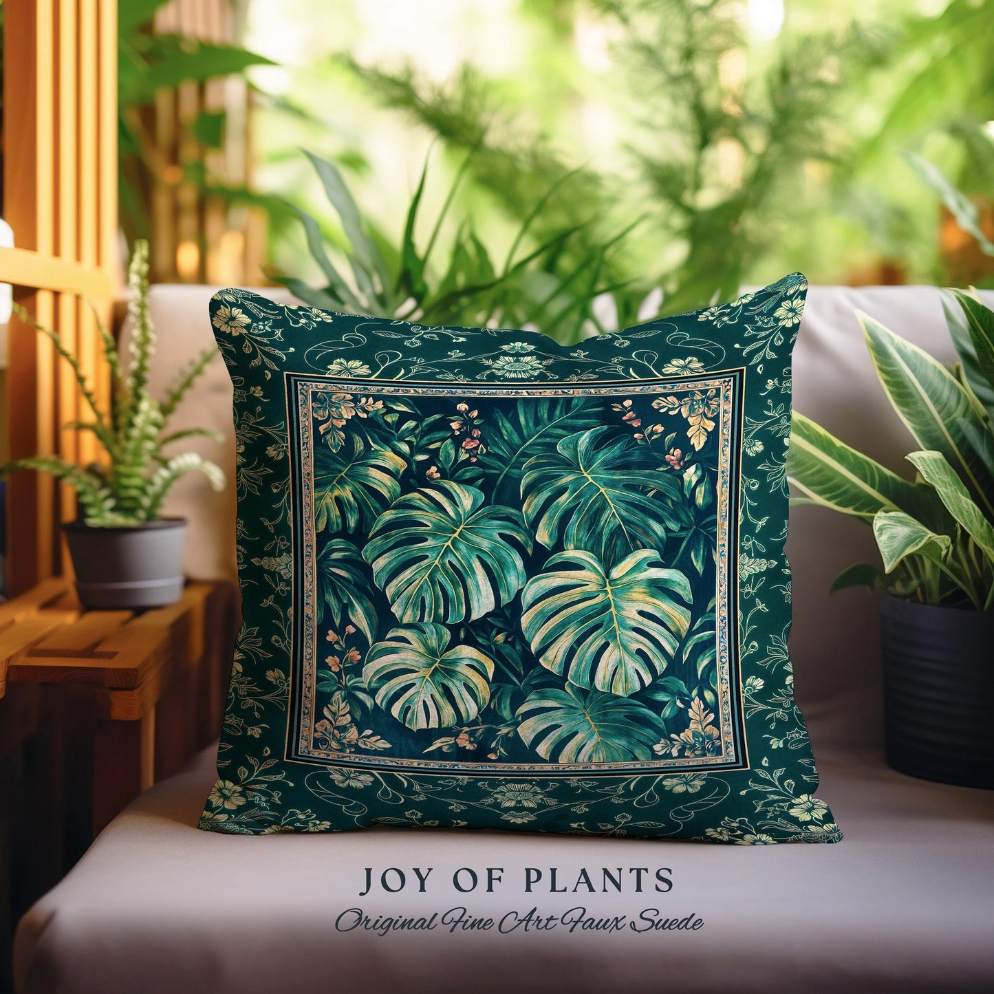 Jungle Inspired Emerald Green Pillow | Monstera Throw Pillow Moody Bedroom Woven Tapestry Cushion Trendy Tropigoth Room Accent Botanical |