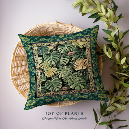 Monstera Tapestry Pillow Unique | Herbology Cushion Dark Cottagecore Tropical Aesthetic Dark Floral Houseplant Botanical Woven Throw Pillow