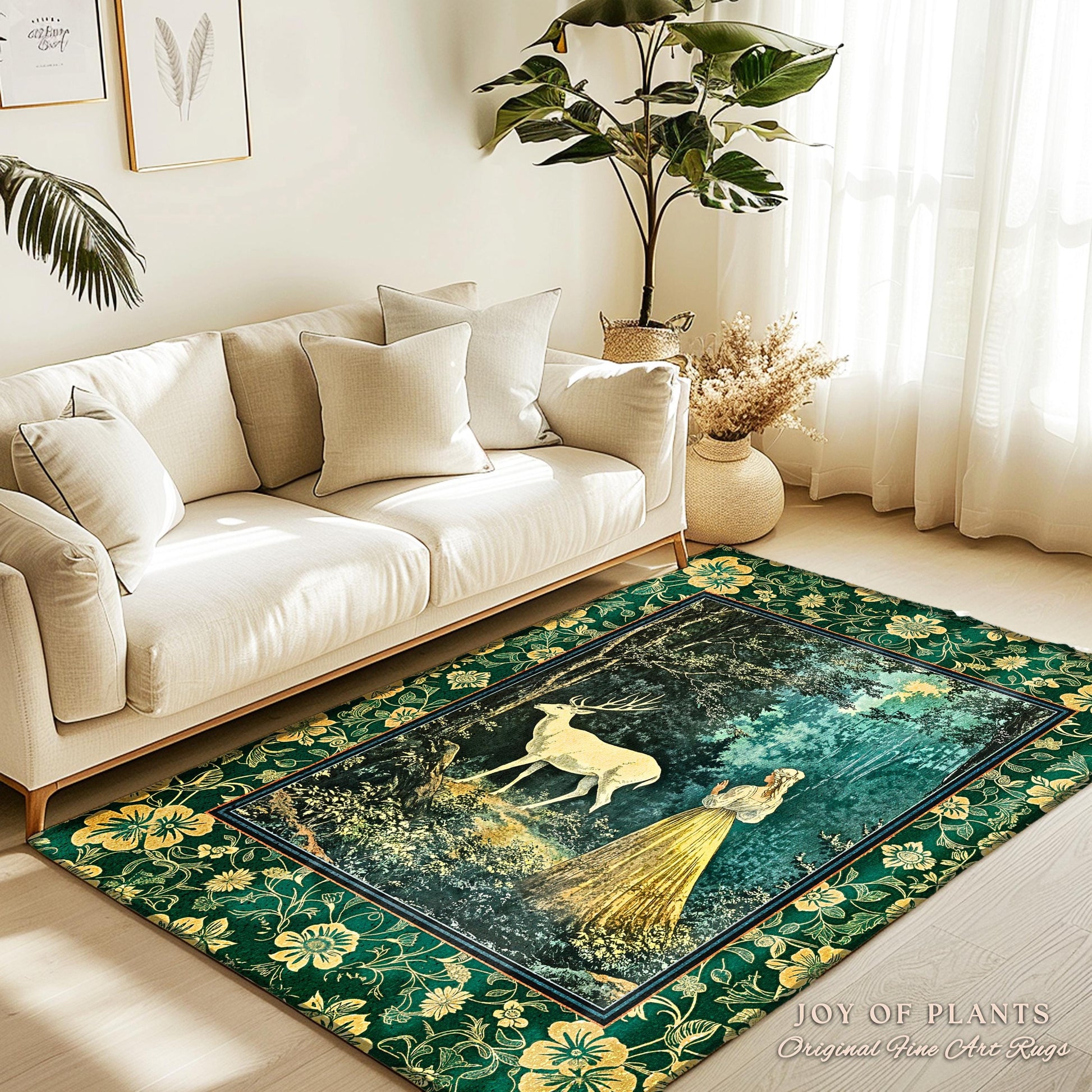 Dreamy Fairytale Forest Deer Rug | Folklore Inspired Ethereal Nature Area Rug Woodland Bedroom Botanical Carpet Elegance Magical Mystic Art