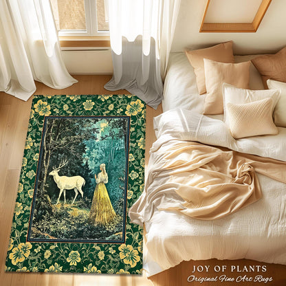 Dreamy Fairytale Forest Deer Rug | Folklore Inspired Ethereal Nature Area Rug Woodland Bedroom Botanical Carpet Elegance Magical Mystic Art