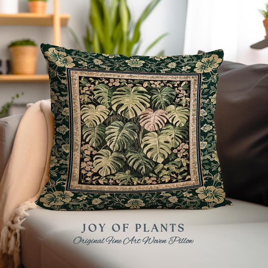 Earthy Colors Cottagecore Monstera Pillow | Cute Forestcore Woodland Jungle Vibes Dark Academia Woven Tapestry Cushion Houseplant Lover Gift