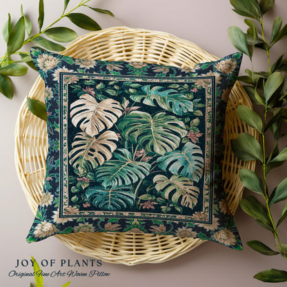 Elegant Jungle Leaves Pillow Woven | Dreamy Cottagecore Maximalist Tapestry Cushion for Houseplant Lover Cute Forestcore Monstera Jungle