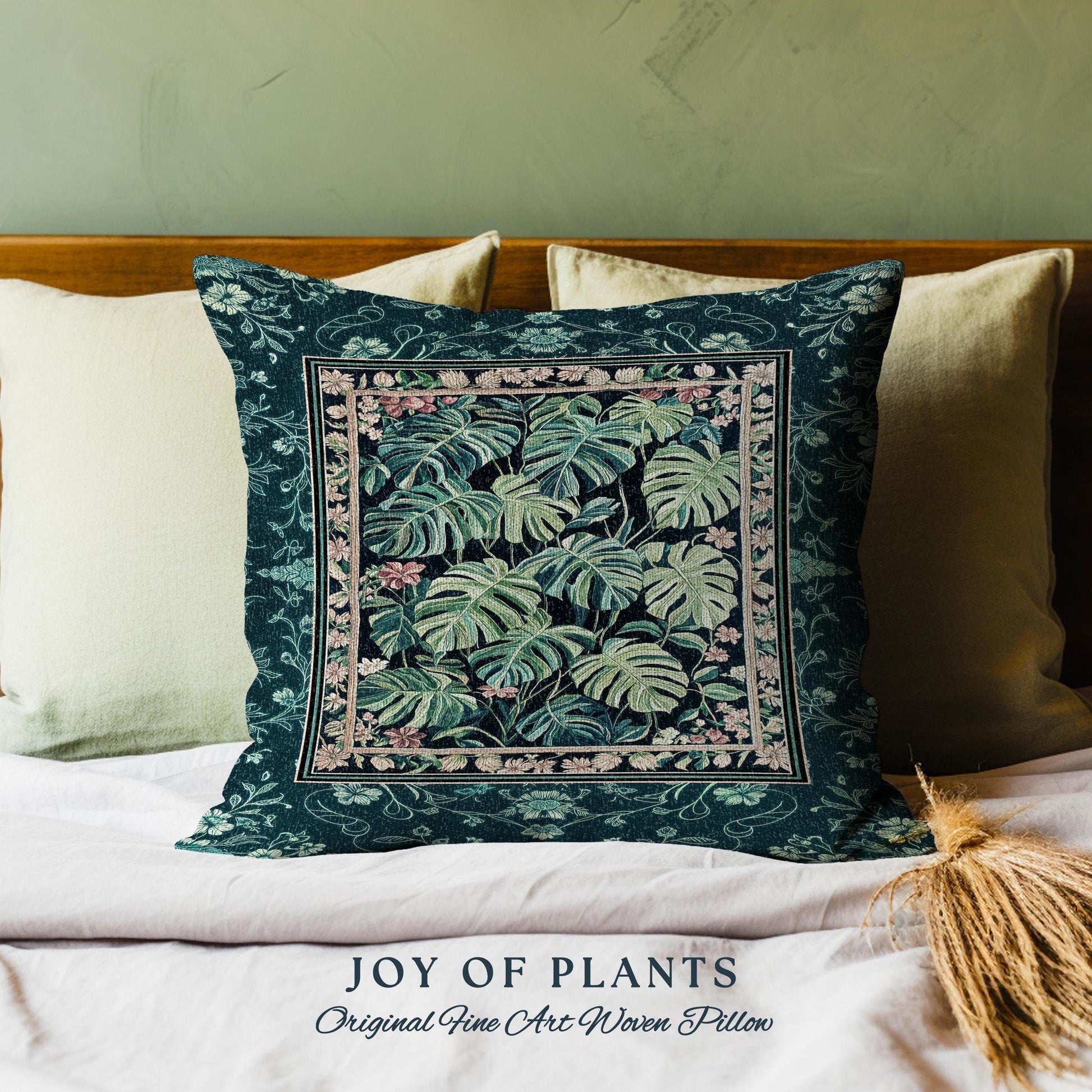 Dark Woodland Maximalist Monstera Pillow | Tropigoth Botanical Bedroom Houseplant Lover Bedding Forestcore Aesthetic Woven Tapestry Pillow |