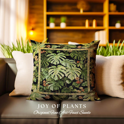 Ethereal Monstera Woodland Botanical Pillow | Tropical Aesthetic Dark Floral Houseplant Lover Whimsical Home Decor Woven Tapestry Cushion |