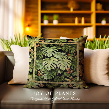 Ethereal Monstera Woodland Botanical Pillow | Tropical Aesthetic Dark Floral Houseplant Lover Whimsical Home Decor Woven Tapestry Cushion |