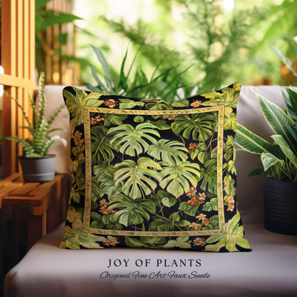 Ethereal Monstera Woodland Botanical Pillow | Tropical Aesthetic Dark Floral Houseplant Lover Whimsical Home Decor Woven Tapestry Cushion |