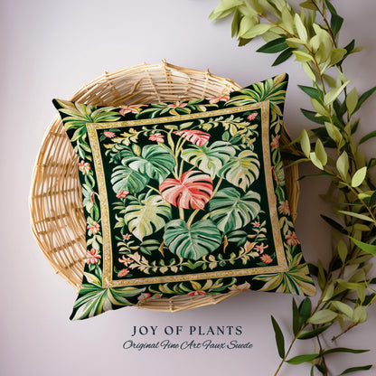 Earthy Vibes Monstera Throw Pillow | Cozy Woven Cushion Forestcore Vintage Summer Bedding Tropical Goth Aesthetic Cottagecore Leafy Bedroom
