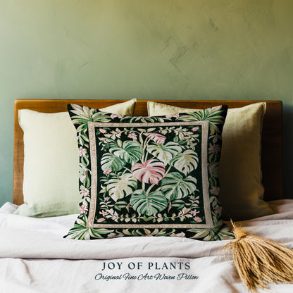 Earthy Vibes Monstera Throw Pillow | Cozy Woven Cushion Forestcore Vintage Summer Bedding Tropical Goth Aesthetic Cottagecore Leafy Bedroom