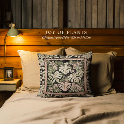 Forestcore Tropigoth Woven Pillow | Jungle Whimsy Dark Academia Bedroom Cottagecore Houseplant Lover Maximalist Tapestry Cushion Botanical |