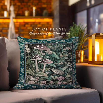 Fairytale Forest Mushroom Frog Pillow | Trendy Aesthetic Cottagecore Botanical Accent Pillow for Emerald Green Funky Woodland Book Nook Frog
