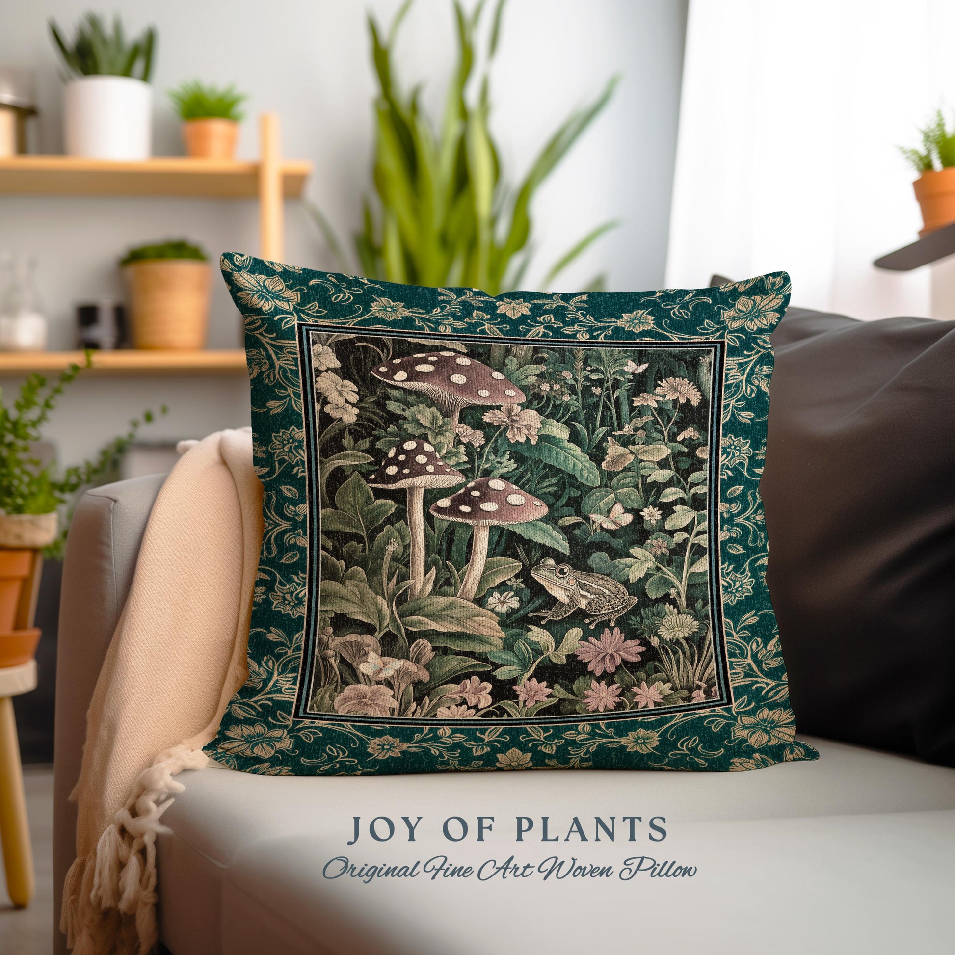 Fairytale Forest Mushroom Frog Pillow | Trendy Aesthetic Cottagecore Botanical Accent Pillow for Emerald Green Funky Woodland Book Nook Frog