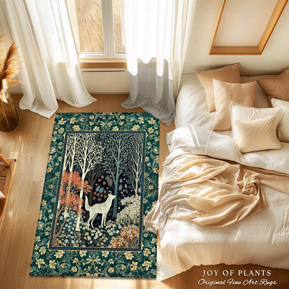 Rustic Nordic Nature Wolf Rug | Colorful Folklore Home Accent Rug Cottagecore Aesthetic Cute Boho Nursery Pastel Whimsical Woodland Decor |