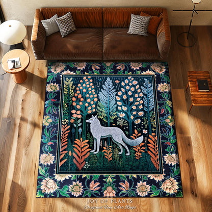Floral Woodland Cozy Boho Rug | Cabincore Indie Aesthetic Folklore Cute Wolf Nursery Fairytale Danish Pastel Cottagecore Whimsical Accent |