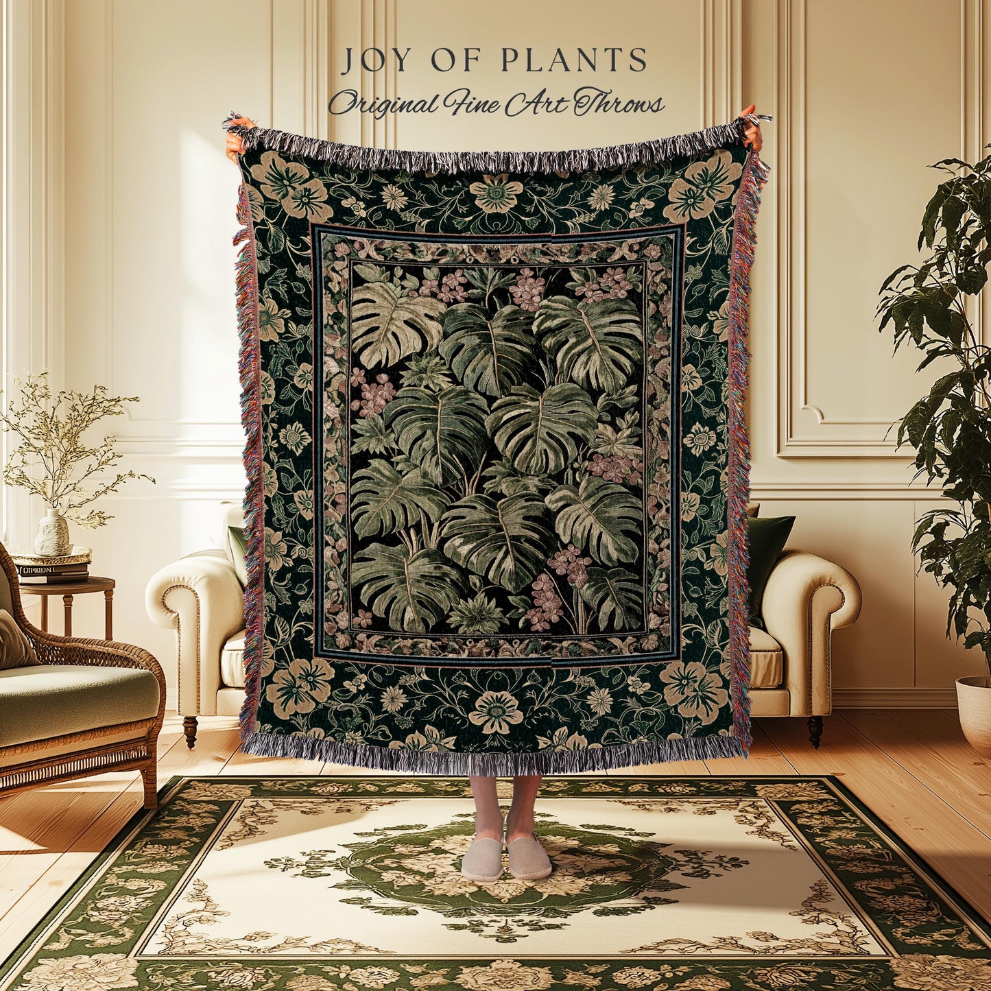 Verdant Flora Jungle Leaves Blanket | Maximalist Forestcore Tapestry Woven Wall Art Whimsical Plant Themed Cottagecore Inspired Home Decor