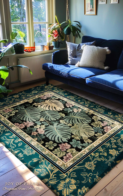Earthy Botanical Boho Area Rug | Woodland Enchantment Tropical Statement Rug Maximalist Elegance Woodland Moody Classic Jungle Vibe Bedroom