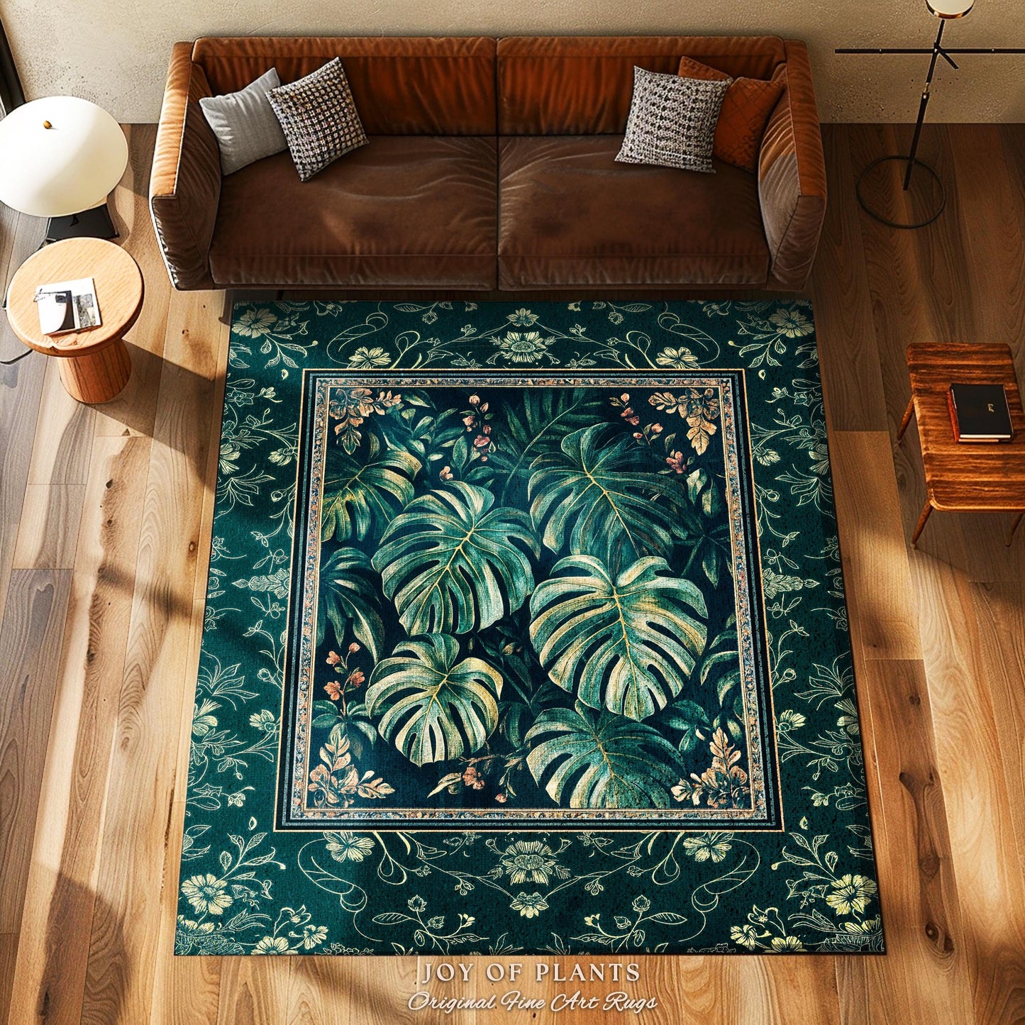 Elegant Botanicals Emerald Area Rug | Tropical Monstera Deliciosa Plant Lover Aesthetic Greenhouse Green Moody Jungle Vibe Dark Maximalist |