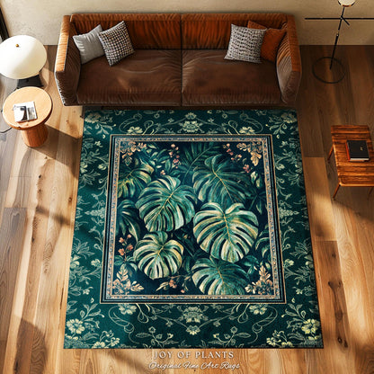 Elegant Botanicals Emerald Area Rug | Tropical Monstera Deliciosa Plant Lover Aesthetic Greenhouse Green Moody Jungle Vibe Dark Maximalist |