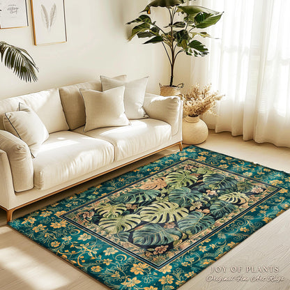 Nature Inspired Green Leaves Rug | Colorful Greenery Tropigoth Room Decor Whimsical Botanical Statement Rug Monstera Foliage Dark Tropical |