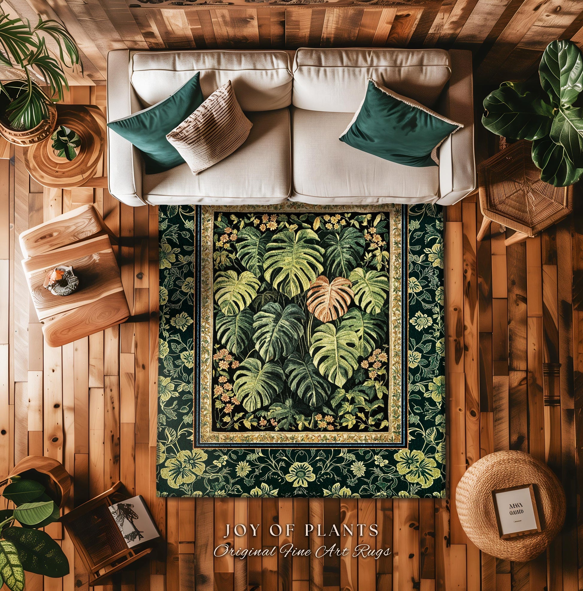 Ethereal Rainforest Greenery Rug | Tropical Jungle Theme Monstera Statement Rug Elegant Botanical Houseplant Aesthetic Emerald Green Bedroom