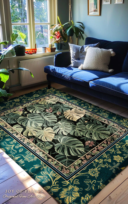 Rich Shades of Green Monstera Rug | Bohemian Botanical Plant Lover Bedroom Home Accent Colorful Room Decor Botanical Statement Rug Foliage