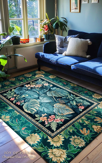 Mystic Foliage Maximalist Statement Rug | Whimsical Greenery Retro 90s Tropical Bedroom Area Rug Jungle Monstera Botanical Accent Rug Boho